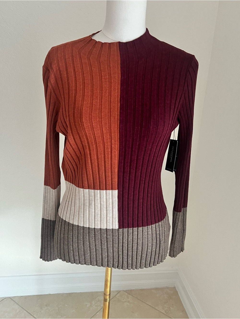 Liverpool Colorblock Ribbed Top - Burgundy, Burnt Orange, Cream